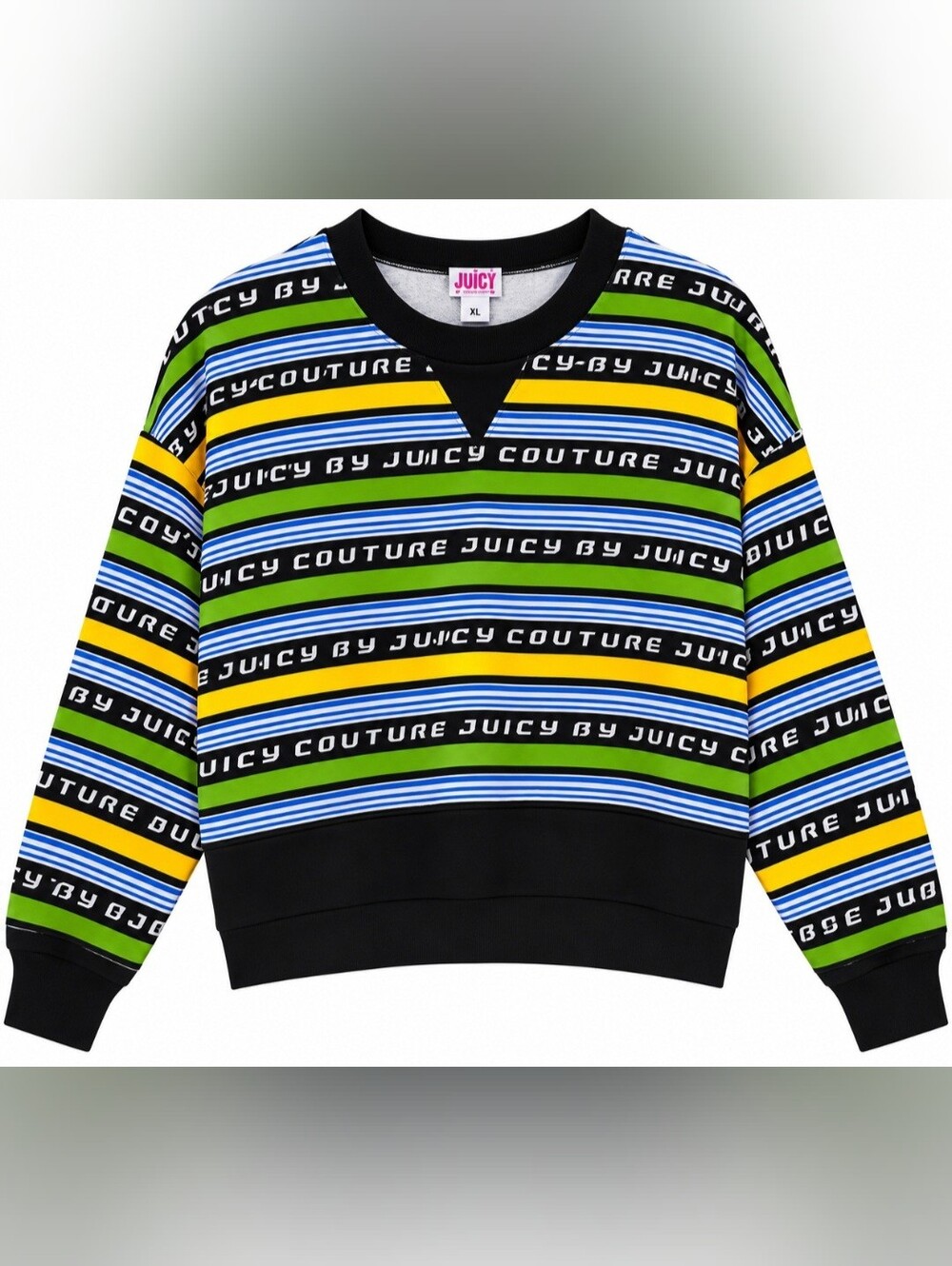 Juicy Couture Woman's Green, Yellow, Blue, Striped Logo Sweatshirt Size XL